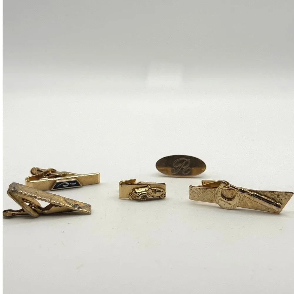 Vintage Mens Tie Clip Lot Swank Gold Tone Enamel Retro Car Initial R 5pc Set